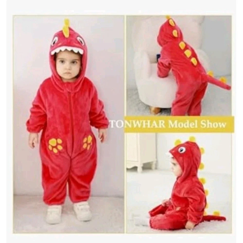 Tonwhar Toddler 24 Month Super Soft Red Full Front Zip Dinosaur Jumpsuit Costume